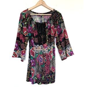 ALBERTO MAKALI floral leopard print black lace bell sleeve silk minidress